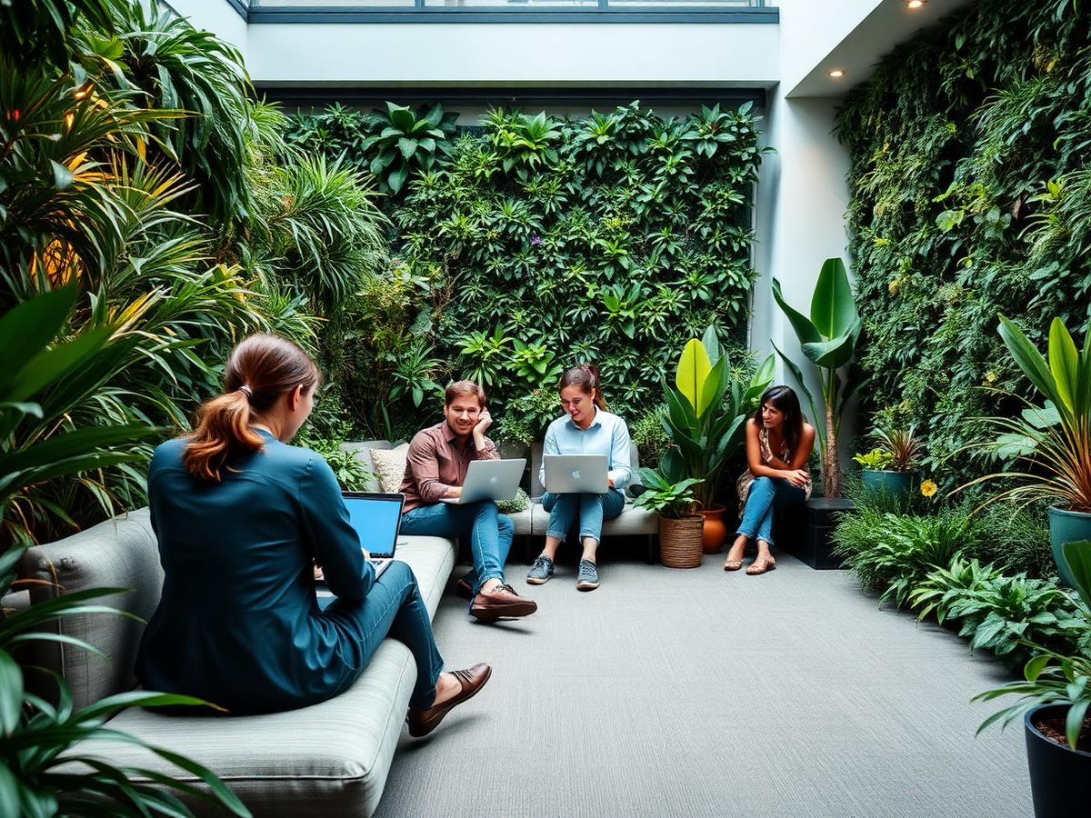 Collega's die informeel samenwerken in een groene kantoortuin
