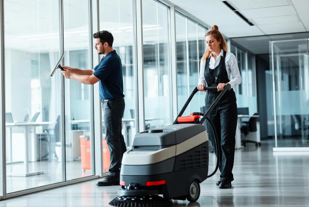 Enthousiast schoonmaakteam aan het werk in een lichte kantoorhal, van achteren gefotografeerd